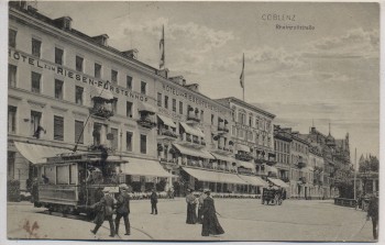 VERKAUFT !!!   AK Koblenz Rheinzollstraße mit Straßenbahn und Hotel zum Riesen-Fürstenhof 1915