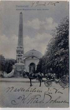 AK Darmstadt Alicen-Monument und kath. Kirche mit Pferdekutsche 1906