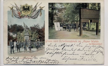 AK Gruss vom Scheibenstande im Aaper Walde 39 er Denkmal mit Wappen bei Düsseldorf 1901