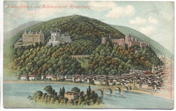 Litho Schlosshotels und Schlossruine Heidelberg 1908
