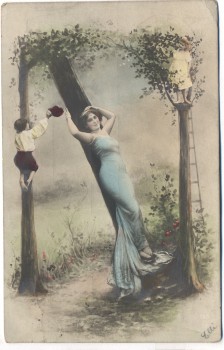 AK Jugendstil Frau an Baum lehnend 2 Kinder im Baum 1905