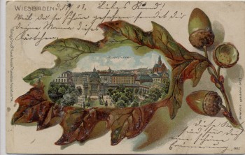 AK Wiesbaden Rochbrunnen mit geprägtem Eichenblatt Kunstanstalt Rosenblatt 1903