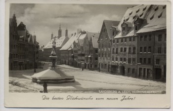 AK Foto Landsberg am Lech Herkomerstrasse mit Brunnen im Winter 1936
