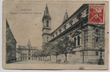AK Smichov Smíchov Prag Praha Rathaus und Kirche Tschechien 1921