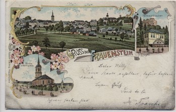 AK Litho Gruss aus Frauenstein Erzgebirge Ortsansicht Parkschlösschen Kirche 1901 RAR
