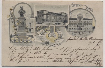 AK Gruss aus Gera Wilhelm Tschirch-Denkmal Theater Gewerbehaus 1901