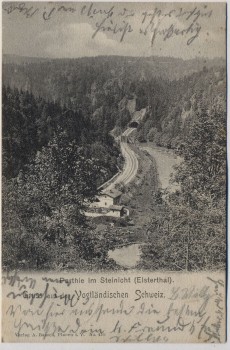 AK Gruss aus der Vogtländischen Schweiz Partie im Steinicht Elstertal Bahngleis b. Pöhl 1901