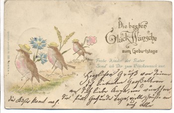 Präge-AK 3 Vögel mit Blumen goldverziert Die besten Glück-Wünsche zum Geburtstage 1906