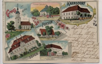Litho Gruss aus Kahnsdorf Gasthaus Pürsten Rittergut Zöpen 1905