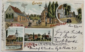 Litho Gruss aus Naundorf Dorfstrasse Kirche bei Oschatz 1904