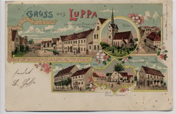 Litho Gruss aus Luppa Deutsch-Luppa Schule Kirche Gasthaus ... bei Wermsdorf 1901 RAR