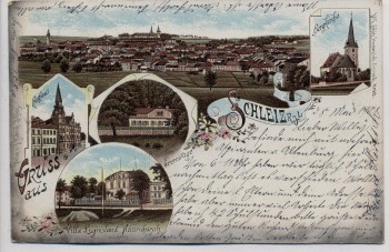Litho Gruss aus Schleiz Ortsansicht Bergkirche Eremitage Rathaus ... 1901