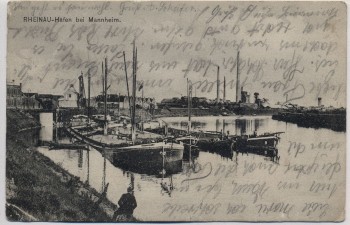 VERKAUFT !!!   AK Rheinau-Hafen bei Mannheim mit Schiffen 1920