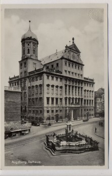 AK Foto Augsburg Rathaus mit Brunnen 1930