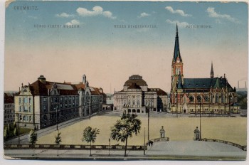 AK Chemnitz König Albert Museum Neues Stadttheater Petrikirche 1910