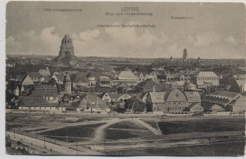 VERKAUFT !!!   AK Leipzig Blick vom Windmühlenweg Völkerschlachtdenkmal Krematorium Ausstellung 1915