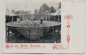 VERKAUFT !!!   AK Gruss aus Zirkus Semsrott aus Ungarn Radfahrer 1907 RAR
