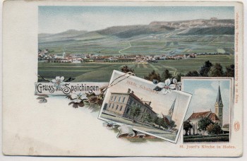 AK Litho Gruss aus Spaichingen Ortsansicht Schulhaus und Kirche 1900