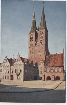 AK Farbfoto Stendal Rathaus und Marienkirche 1915