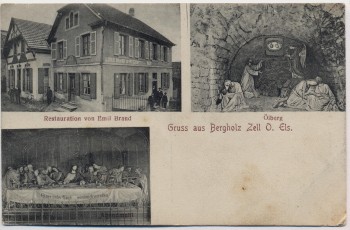 AK Gruss aus Bergholtzzell Restauration von Emil Brand bei Gebweiler Haut-Rhin Elsass Frankreich 1909