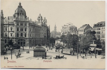 VERKAUFT !!!   AK Dresden Postplatz mit Postamt und Straßenbahn 1910