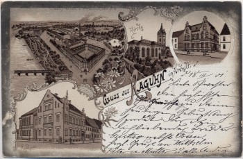 AK Gruss aus Raguhn Maschinenbau und Metalltuchfabrik Kirche Rathaus 1901