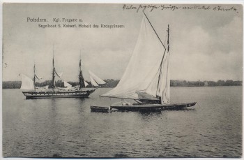 VERKAUFT !!!   AK Potsdam Kgl. Fregatte mit Segelboot des Kronprinzen 1910 RAR