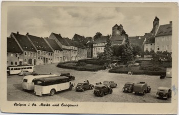 VERKAUFT !!!   AK Stolpen in Sachsen Markt und Burgruine viele Fahrzeuge 1958