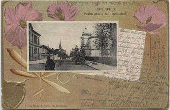 Präge-AK Passepartout Bielefeld Paulusstraße mit Realschule 1903 RAR