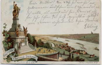 AK Litho Gruss vom Nationaldenkmal bei Rüdesheim 1899