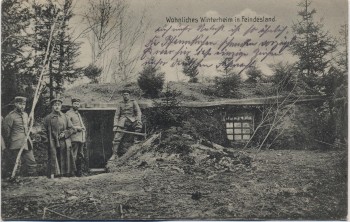 AK Wohnliches Winterheim in Feindesland Soldaten vor Unterstand 1.WK Feldpost 1915