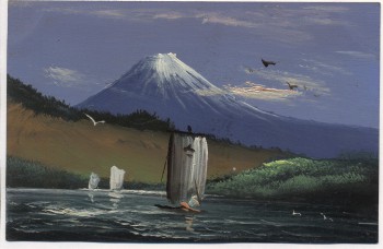 AK Gemälde handgemalt japanisches Motiv Vulkan mit Schiffen 1920