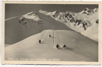 AK Fahrt vom Rotkogel nach Hochsölden und Sölden Skifahrer b. Imst Tirol Feldpost 1944
