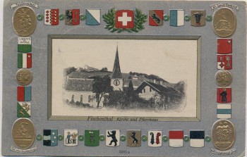 Präge-AK Passepartout Fischenthal Kirche und Pfarrhaus viele Wappen Zürich Schweiz 1907 RAR
