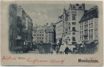 Mondschein-AK Wien Neuer Markt viele Pferdekutschen Österreich 1899