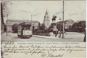 AK Darmstadt Paradeplatz Denkmal Museum Hoftheater Straßenbahn 1904 RAR