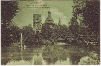 AK Mannheim Partie aus dem Stadtpark mit Sternwarte und Jesuitenkirche 1906