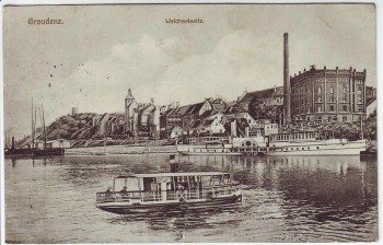 AK Graudenz Grudziądz Weichselseite Fabrik Schiffe Westpreußen Polen Feldpost 1915