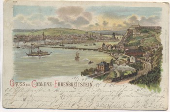AK Litho Gruss aus Coblenz-Ehrenbreitstein Koblenz Zug und Schiffe 1899