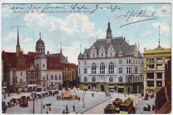 AK Halle an der Saale Marktplatz mit altem und neuem Rathaus 1911