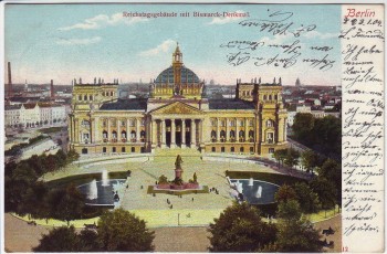 AK Berlin Mitte Reichstagsgebäude mit Bismarck-Denkmal 1904