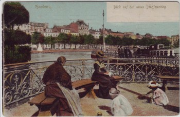 AK Hamburg Blick auf den neuen Jungfernstieg Frauen Kinder 1912