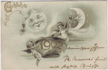 Künstler-AK Glückliches Neujahr Sonne Mond mit Gesicht Engel 1902