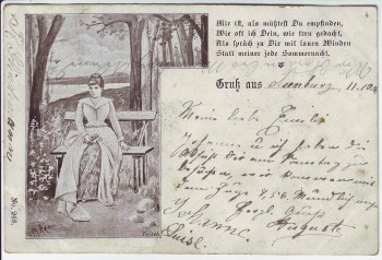Künstler-AK Gruß aus ... Frau auf Bank Gedicht 1900