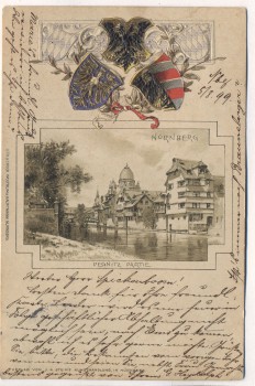 AK Präge-Litho Nürnberg Pegnitz Partie mit 3 Wappen 1899