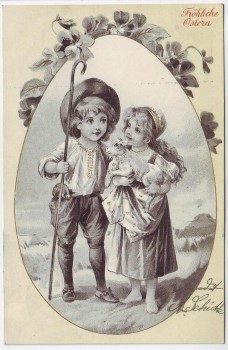 Künstler-AK Fröhliche Ostern 2 Kinder mit Schaf Jugendstil 1904