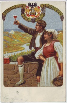 Künstler-AK Mann und Frau mit Weinglas Wappen Weinlesekarte 2 Verlag des Vereines Südmark Österreich 1910