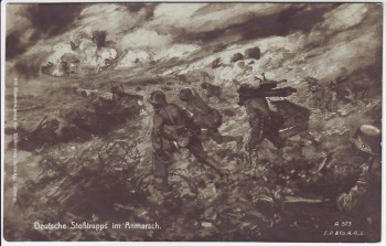 Künstler-AK Deutsche Stoßtrupps im Anmarsch Soldaten 1. WK Illustrierte Zeitung Leipzig 1917