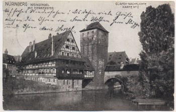 AK Nürnberg Weinstadel mit Henkersteg Glafey-Nachtlichte-Karte Nr. 2 1913