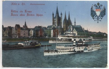VERKAUFT !!!   AK Köln am Rhein Rheinpanorama mit Wappen und Schiffen Feldpost Reservelazarett Achelriede 1916